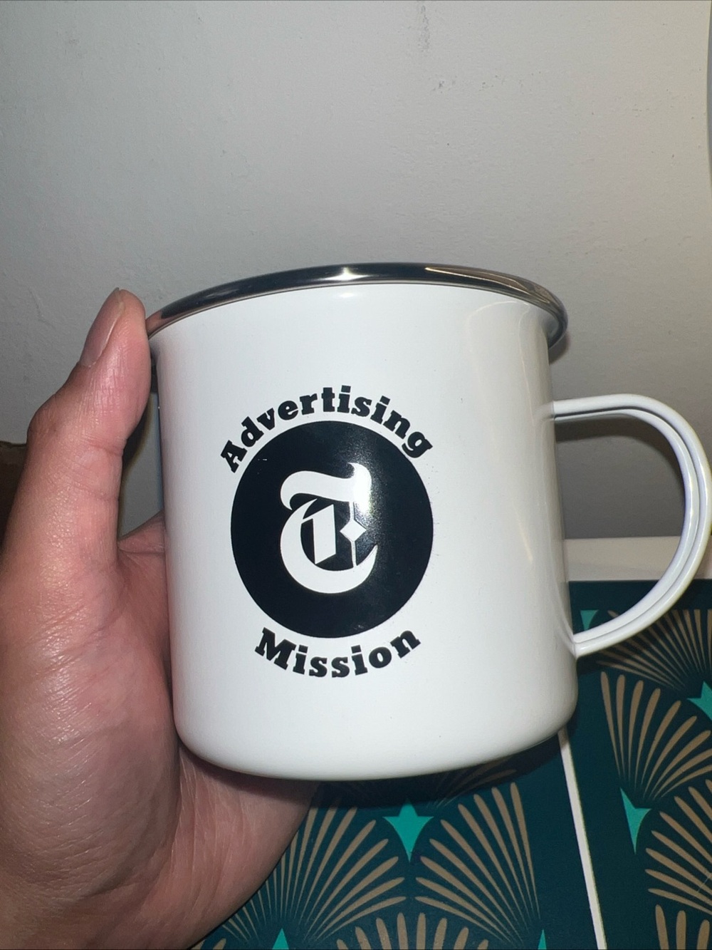 Advertising Mission White Enamel Mug with New York Times Logo